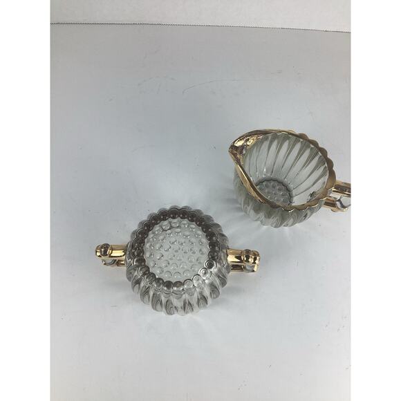 VTG Jeanette Ribbed Glass Sugar & Creamer Set Gold Accents - Picture 3 of 5
